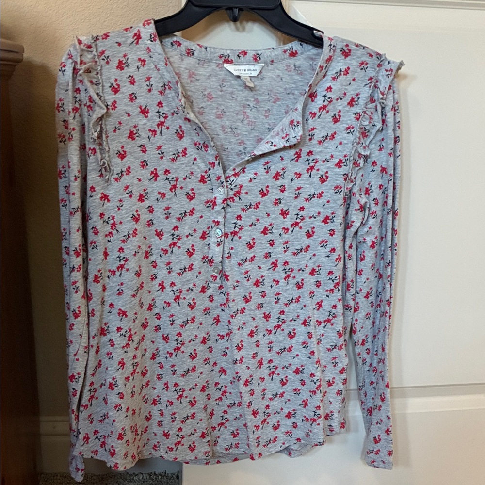 Lucky Brand Henley- Light Gray with Red Floral Long Sleeve
